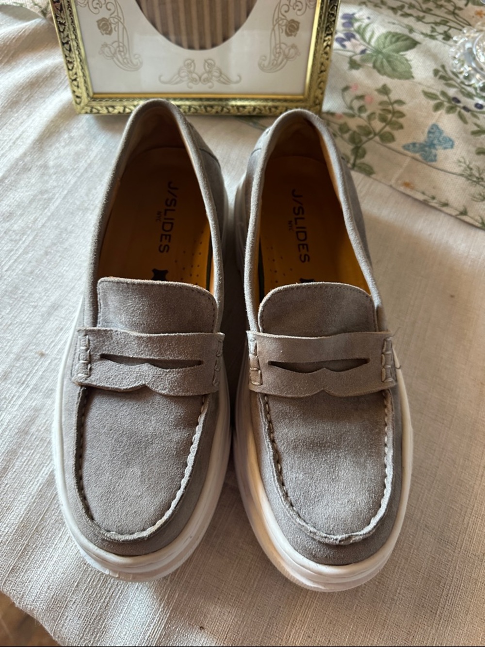 J/SLIDES Taupe Suede Penny Loafers with White Sole